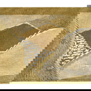 Susan Crile, woodcut, 1982: Susan Crile, woodcut, 1982, Susan Crile (American, b. 1942), "Buskirk Junction", woodcut in three colors on Suzuki paper, pencil signed, dated and numbered "AP 1/3" lower right, titled and numbered ag