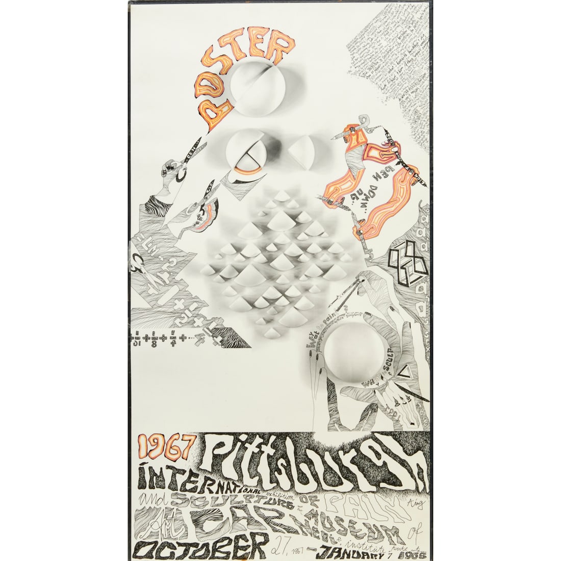 Mary Bauermeister, poster, 1967: Mary Bauermeister, poster, 1967, Mary Hilde Ruth Bauermeister (German, 1934-2023), poster for the 1967 Pittsburgh International Exhibition of Painting and Sculpture, laminated and mounted on board wit