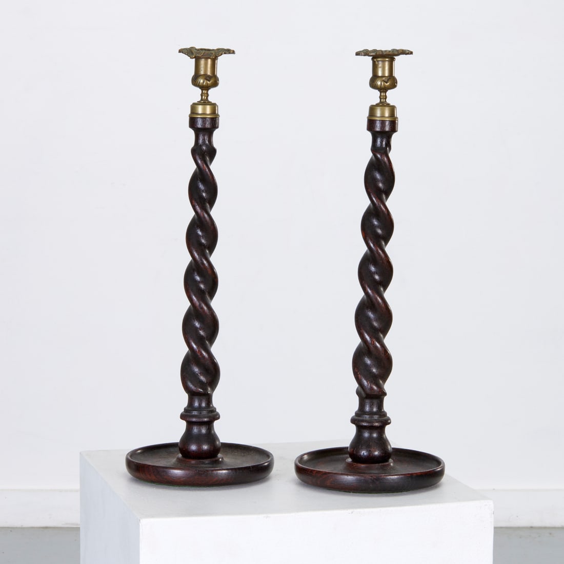 Pair English oak double barley twist candlesticks (1 of 4)