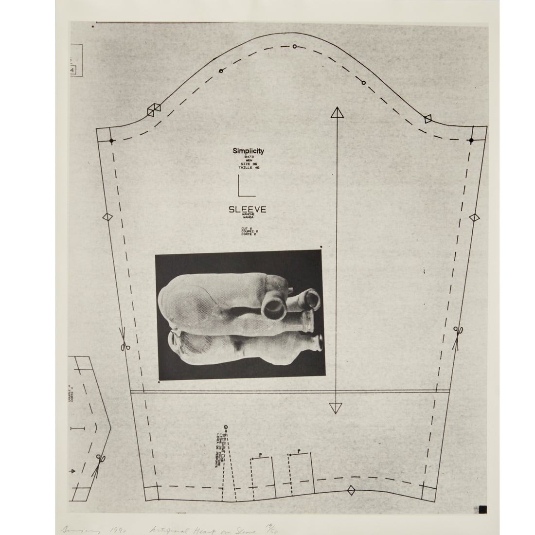 Annette Lemieux, gelatin silver print, 1990: Annette Lemieux, gelatin silver print, 1990, Annette Rose Lemieux (American, b. 1957), "Artificial Heart on Sleeve), pencil signed, dated, titled and numbered 19/50 lower edge, loose and unframed, 23.