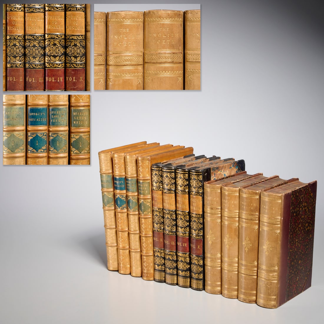 Fine leather binding sets, 19th c., (12) vols: Fine leather binding sets, 19th c., (12) vols, Includes: The Speeches of the Hon. Thomas Erskine. printed for J. Ridgway, Vols. I, II, IV (1810) and Vol. V, (1812); John Ruskin: Proserpina, Deucalion,