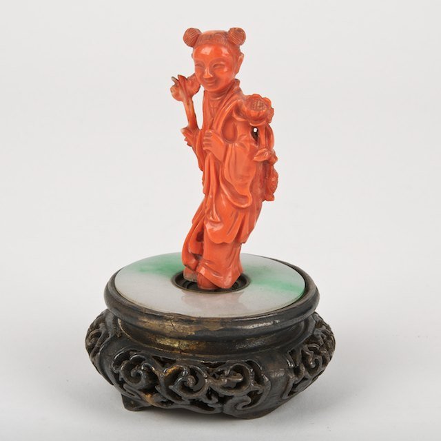 Chinese coral carving of a beauty with jade base: Chinese coral carving of a beauty with jade base: Qing Dynasty and adapted, with metal clad stand mounted as a call bell button, 3"h x 1"w (coral only), 4.5"h x 3"dia. (total) - Condition Report: over
