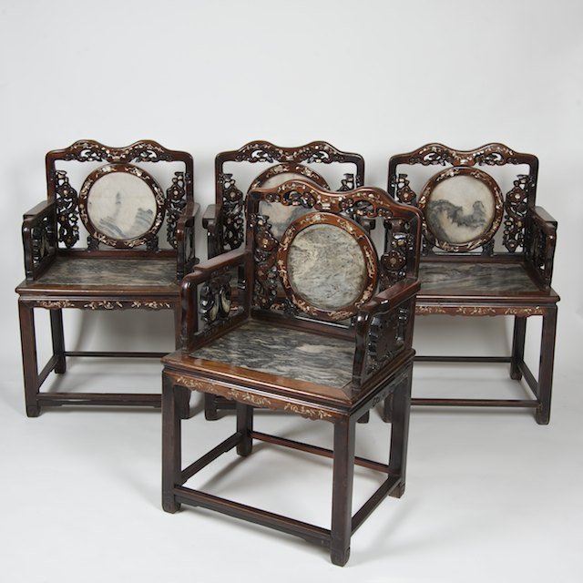 (4) Chinese marble inset hardwood armchairs: (4) Chinese marble inset hardwood armchairs: Qing Dynasty, mother of pearl inlaid frames, 38.5"h x 25.5"w x 19.25"d - Condition Report: overall fair, some rebracing to seats, crack and surface wear to