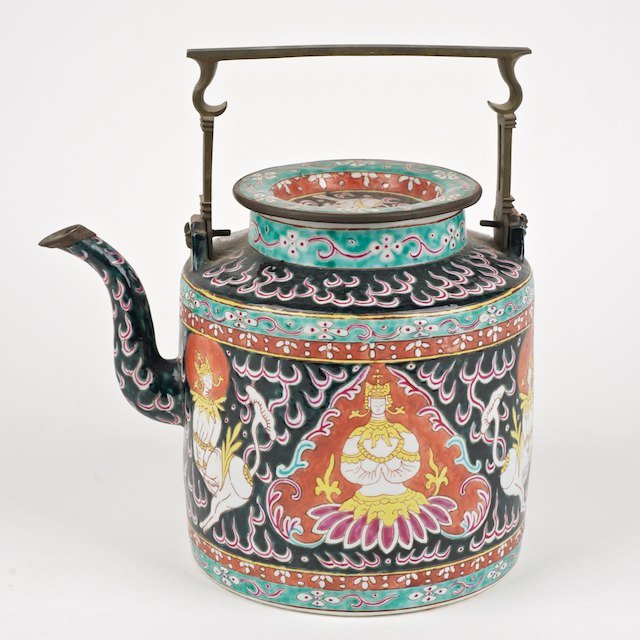 Chinese Export Thai market Bencharong tea pot: Chinese Export Thai market Bencharong tea pot: 19th c., typical decoration on black ground, 10.5"h x 9.5" (over handles) - Condition Report: overall good, spout and lid edge banded in brass, no signif