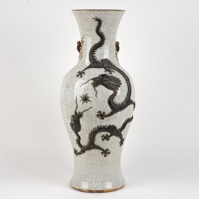 Large Chinese brown dressed crackleware vase: Large Chinese brown dressed crackleware vase: 19th/20th c., incised seal mark, four-clawed dragon, 24.5"h x 10"dia. - Condition Report: overall good/fair, crazing, brown dressing rubbed, glaze scratch