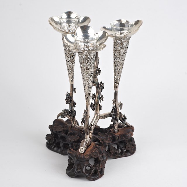 Chinese Export silver and carved hardwood epergne: Chinese Export silver and carved hardwood epergne: 19th c., with glass liners, hallmarked "SF - 90....", 11"h x 7"w x 8"d - Condition Report: overall good, possible repair, some finish distress to woo