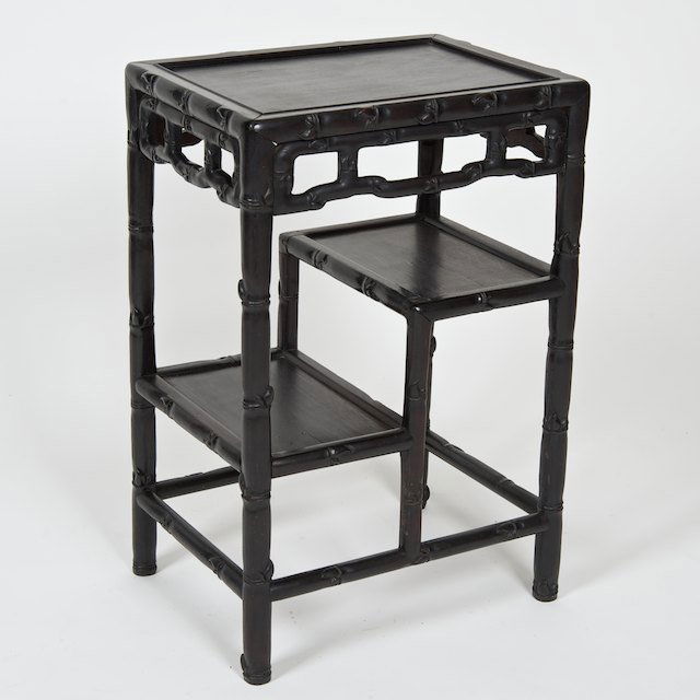 Antique Chinese hardwood 3-tier table: Antique Chinese hardwood 3-tier table: Qing Dynasty, bamboo carved 24.75"h x 12.5"w - Condition Report: overall good/fair, general finish and wood distress commensurate with age and use, joint shrinka