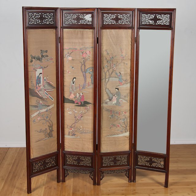 Chinese hardwood 4-panel screen with Kesi inserts: Chinese hardwood 4-panel screen with Kesi inserts: Qing Dynasty, 60.5"h x 12.5"w (each panel) - Condition Report: overall good/fair, general finish distress commensurate with age and use, joint shrink