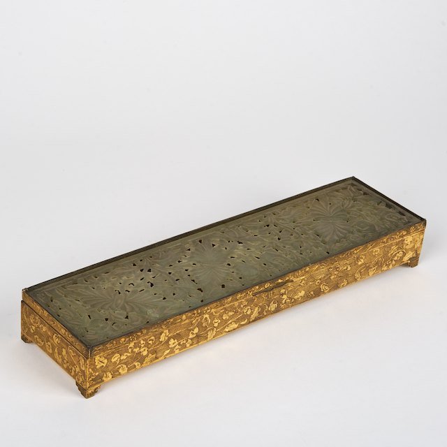 Chinese engraved gilt bronze and jade box: Chinese engraved gilt bronze and jade box: 19th/20th c., 1.5"h x 11.5"l x 3"d - Condition Report: overall good, evidence of age and handling, gilding rubbed, no significant damage or repairs observed 