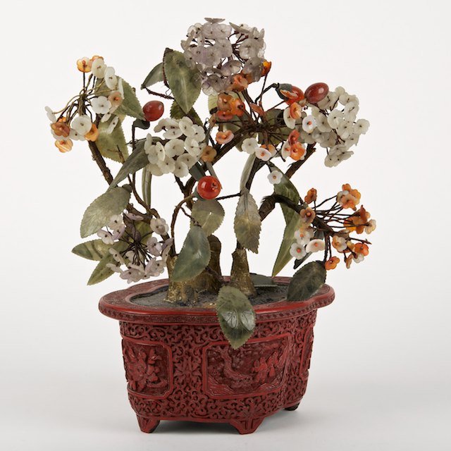 Chinese jade tree in nice cinnabar lacquer plante: Chinese jade tree in nice cinnabar lacquer planter: Prob. Qing Dynasty, 14"h x 12"w x 7"d (total), 4.5"h x 8.75"w x 6.5"d (planter) - Condition Report: overall good/fair, some distress to lacquer comm
