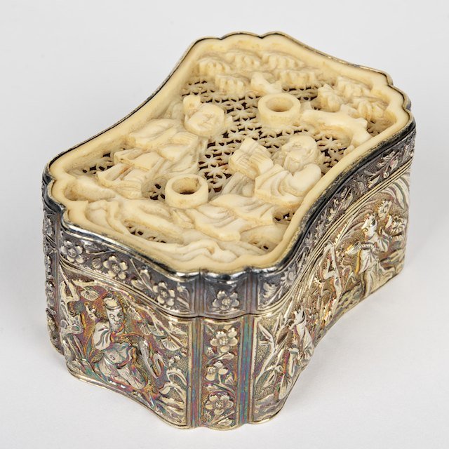 Chinese Export gilt silver and ivory box: Chinese Export gilt silver and ivory box: 19th c., hallmarked, 1.25"h x 2.5"l x 1.75"d - Condition Report: overall good, gilding rubbed, age discoloration to ivory - Provenance: Descendants of the Ott