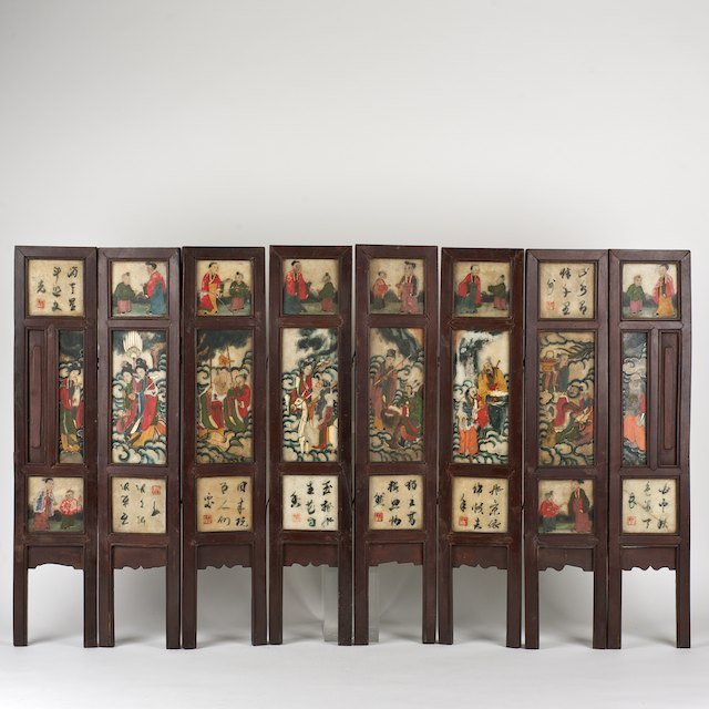 Chinese 8-panel hardwood and painted marble table: Chinese 8-panel hardwood and painted marble table screen: Qing Dynasty, 22.5"h x 4.75"w - Condition Report: overall good/fair, general finish distress commensurate with age, shrinkage and warping, dam