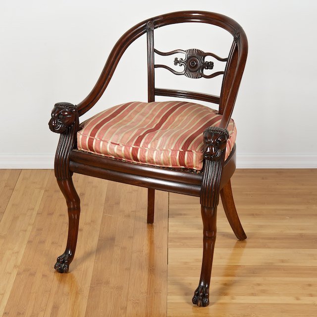 Nice Regency mahogany lion's head armchair: Nice Regency mahogany lion's head armchair: 19th c., 30.5"h x 23"w x 19"d - Condition Report: overall fair, general finish and wood distress commensurate with age and use, joint shrinkage, seat damage