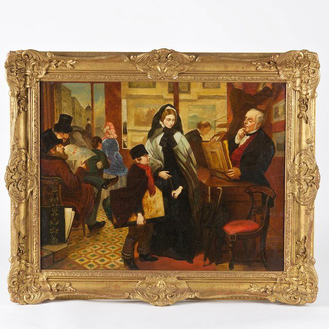 British School (19th century), painting: British School (19th century), painting: The antique shop, oil on canvas, no signature found, 21.5" x 28" (sight), gilt frame - Condition Report: overall good/fair, relined, craquelure, restorations,