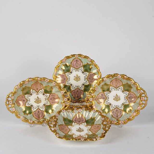 Coalport for F.C. Osler porcelain part dinner ser: Coalport for F.C. Osler porcelain part dinner service: 19th c., retailed by F.C. Osler, London, tapestry patterns, incl. (8) plates and (3) serving dishes, 11"l x 9.25"w (serving dish), 9.5"dia. (plat