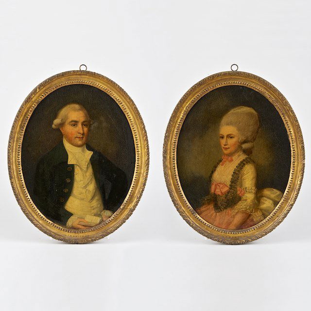 John Raphael Smith (1752-1812, British), pair por: John Raphael Smith (1752-1812, British), pair portraits: Lady and gentleman, (2) oils on canvas, apparently unsigned, 14.5" x 11.25" (sight), giltwood frames - Condition Report: overall fair, old lini
