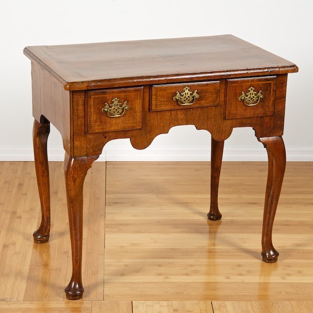 George I inlaid walnut dressing table: George I inlaid walnut dressing table: 18th/19th c., 27"h x 29.5"w x 18.5"d - Condition Report: overall fair, general finish and wood distress commensurate with age and use, joint shrinkage and warpin