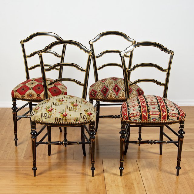 Set (4) Victorian black lacquer side chairs: Set (4) Victorian black lacquer side chairs: 19th c., harlequin needlepoint seats, 32.5"h x 16.5"w x 15"d - Condition Report: overall good/fair, gilding rubbed, general finish and wood distress commen