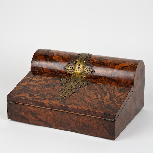 Early Tiffany & Co. bronze mounted burlwood lap d: Early Tiffany & Co. bronze mounted burlwood lap desk: Late 19th c., 7"h x 14"l x 10.5"d - Condition Report: overall fair, general finish and wood distress commensurate with age and use, veneer chips a