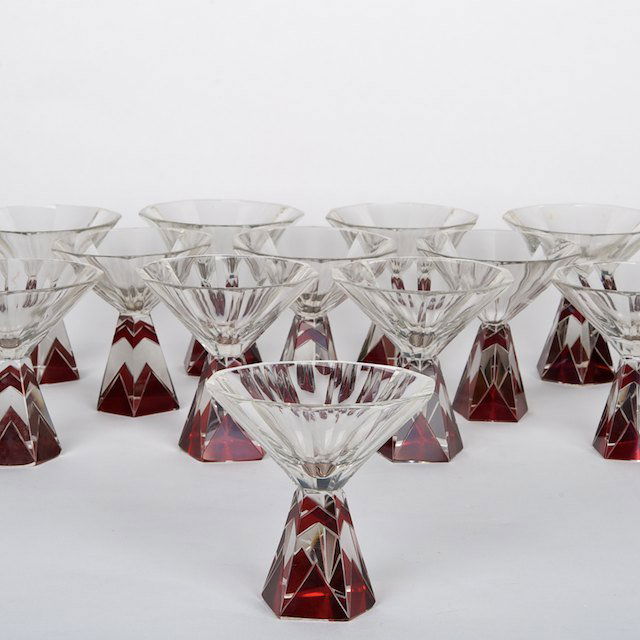 Set (12) Art Deco ruby flash pedestal stems: Set (12) Art Deco ruby flash pedestal stems: Circa 1920s, acid stamped "Emporte... Tcheco Slovaquie", 3.5"h x 3.5"dia. - Condition Report: overall good, fleabite, no damage or repairs observed - Prove