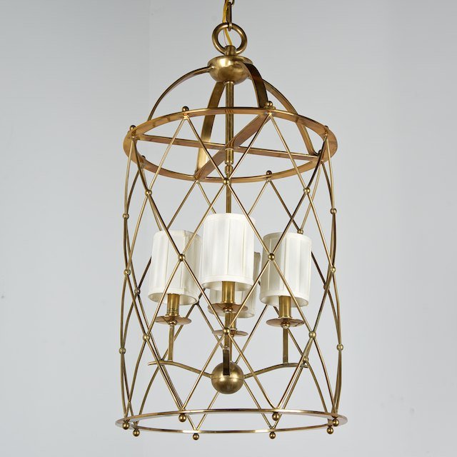 Brass chandelier in the manner of Jean Royere: Brass chandelier in the manner of Jean Royere: Late 20th c., nice quality heavy casting, unmarked, 31"h x 16"dia. (excl. chain) - Condition Report: overall good, tarnish