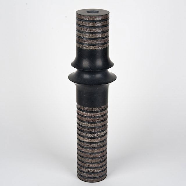 Turned marble and shagreen vase by Gilles Caffier: Turned marble and shagreen vase by Gilles Caffier: 20th c., glass insert, 19.5"h x 5.25"dia. - Condition Report: overall good/fair, chips to foot