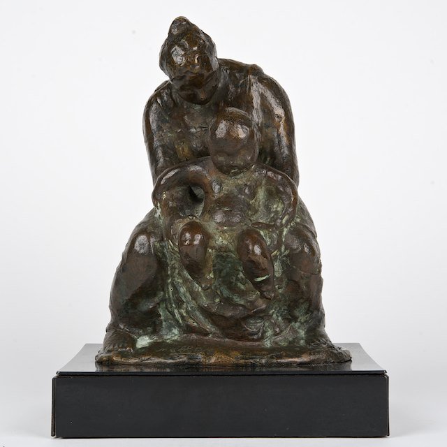 Cristino Mallo (1905-1989, Spanish), bronze: Cristino Mallo (1905-1989, Spanish), bronze: Mother and child, bronze with brown/green patina, signed "Mallo", laminate base, 9"h x 6.75"w x 4.75"d (excl. base) - Condition Report: overall good/fair, 
