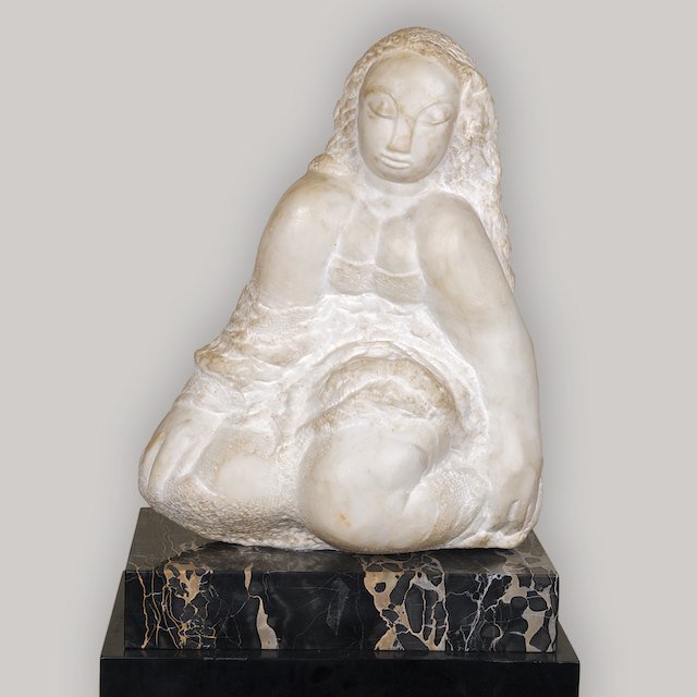 Jose de Creeft (1884-1982, American), sculpture: Jose de Creeft (1884-1982, American), sculpture: Kneeling partial nude, white marble, signed "Jose de Creeft", on verso, portar marble base, 21"h x 16"w x 11"d (excl. marble base), 25"h (total) - Cond