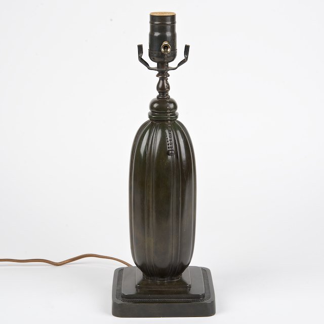 Danish Modern patinated metal lamp by Just Anders: Danish Modern patinated metal lamp by Just Andersen: Circa 1940s, no. 1859, manufacturer's mark to underside, 14.75"h x 5.25"squ. - Condition Report: overall good, small nicks, no significant damage o