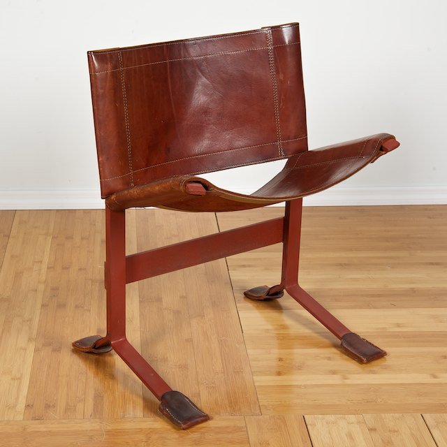 Leather wrapped steel chair by Max Gottschalk: Leather wrapped steel chair by Max Gottschalk: Circa 1970s, stamped factory logo, 28"h x 21.5"w x 17"d - Condition Report: overall good/fair, some distress to leather, oxidation, no significant damage