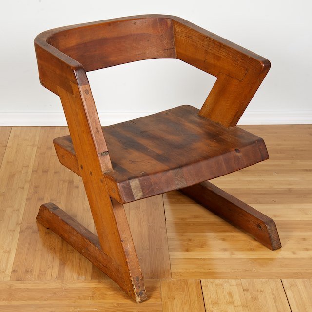 Modernist armchair manner of Gerrit Rietveld: Modernist armchair manner of Gerrit Rietveld: 20th c., unmarked, 25"h x 22"w x 24"d - Condition Report: overall good/fair, general finish and wood distress commensurate with age and use, structurally 