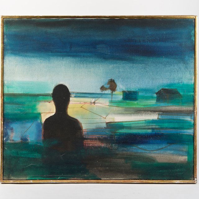 John Hultberg (1922-2005, American), painting: John Hultberg (1922-2005, American), painting: "Sagaponak Moonlight", 1955, oil on canvas, signed and inscribed verso, 22.5" x 26.75" (stretcher), strip frame - Condition Report: overall fair, stain,