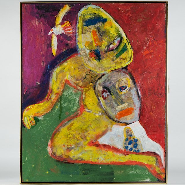 George McNeil (1909-1995, American), painting: George McNeil (1909-1995, American), painting: "Shifting Love", 1981, oil on canvas, signed, dated and inscribed on verso, 48" x 38" (stretcher), strip frame - Condition Report: overall fair, stains,