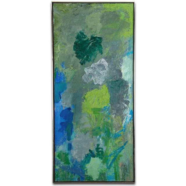 Harry Kramer (b. 1939, American), painting: Harry Kramer (b. 1939, American), painting: "Don't Tell the Trees, G.H.", 1987, oil on canvas, signed and inscribed on verso, 72" x 32" (stretcher), strip frame - Condition Report: overall good/fair,