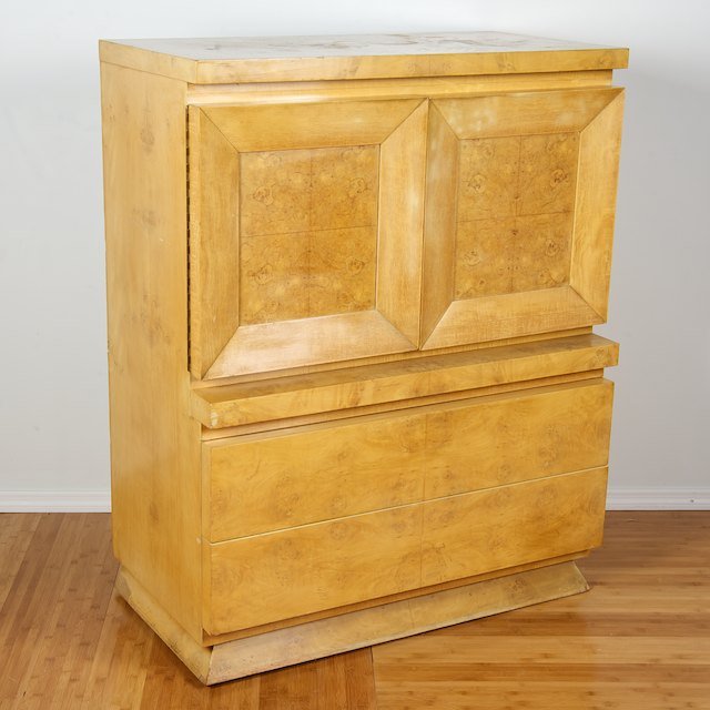 Modern burlwood cabinet attr. to Milo Baughman: Modern burlwood cabinet attr. to Milo Baughman: Circa 1970s, 50.75"h x 40"w x 20"d - Condition Report: overall good/fair, general finish and wood distress commensurate with age and use, veneer chips, 