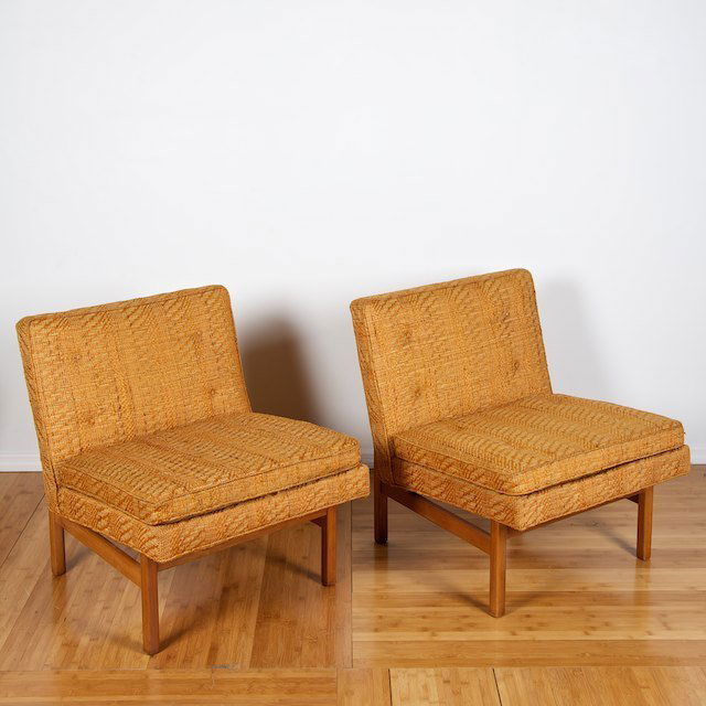 Pair Baughman for Thayer Coggin teak lounge chair: Pair Baughman for Thayer Coggin teak lounge chairs: Circa 1970s, original upholstery and labels, 28"h x 24.5"w x 27"d - Condition Report: overall good, light finish distress commensurate with age and