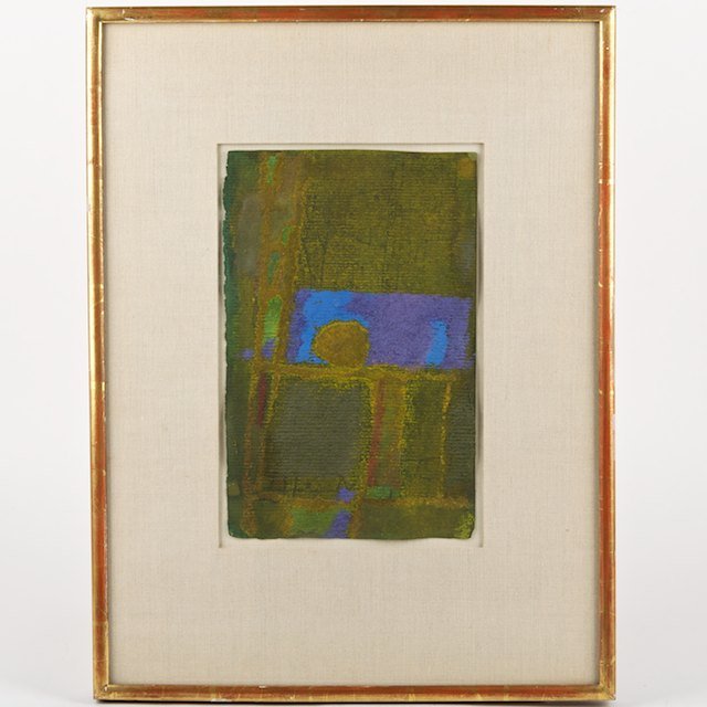 Gyorgy Kepes (1906-2001, American), painting: Gyorgy Kepes (1906-2001, American), painting: Untitled abstract, oil and mixed media on paper, apparently unsigned on recto, inscribed and signed on verso of mount, 11.5" x 7.5" (sheet), matted and fr