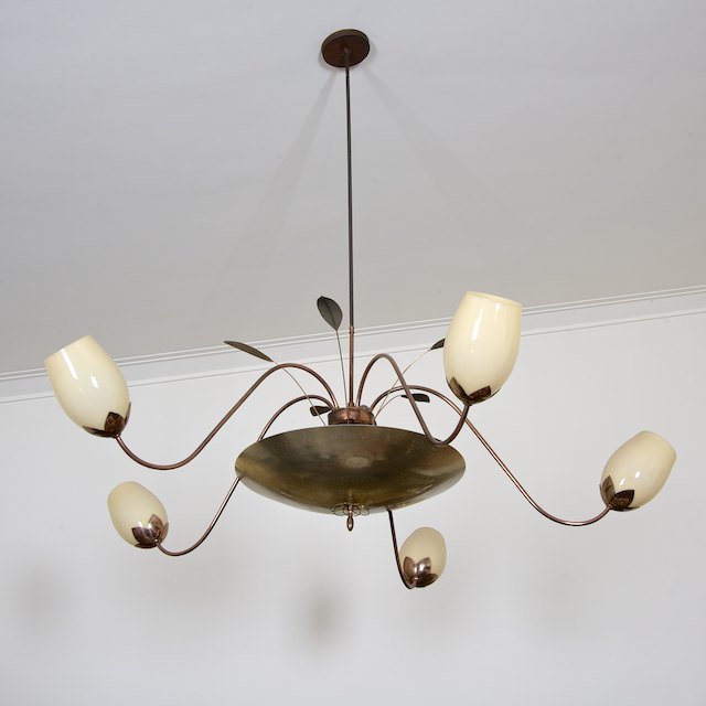 Mid-Century chandelier attrib. to Paavo Tynell: Mid-Century chandelier attrib. to Paavo Tynell: Circa 1950s, 5-light with glass shades, apparently unmarked, approx. 54"h x 56"dia. - Condition Report: overall good/fair, signs of age, no damage or re