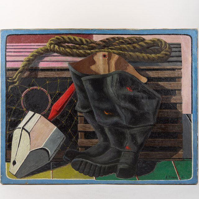 Ernest Fiene (1894-1965, American), painting: Ernest Fiene (1894-1965, American), painting: "Lobster Pot and Boots", oil on canvas, signed and dated "E. Fiene - 50", lower right, 22" x 28" (stretcher), unframed - Condition Report: overall good an