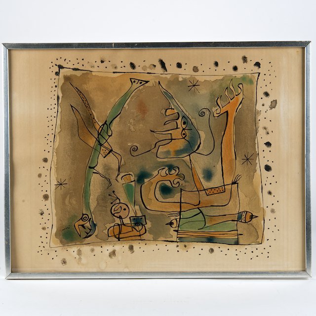 Joan Miro (1893-1983, Spanish), lithograph: Joan Miro (1893-1983, Spanish), lithograph: "Apres l'orage", 1957, color lithograph, pencil signed and numbered "244/300", Maeght blind stamp at lower left, 19" x 25" (sight), framed under glass - Con