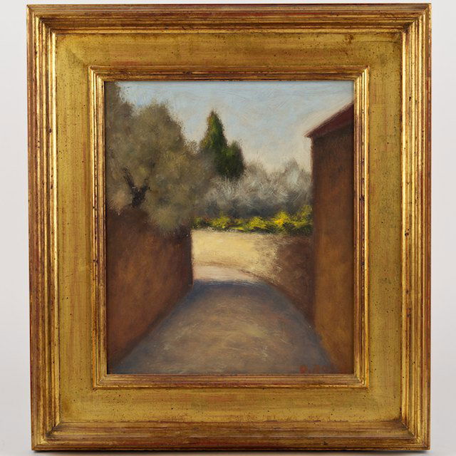 Ottone Rosai (1895-1957, Italian), painting: Ottone Rosai (1895-1957, Italian), painting: Deserted street, oil on panel, signed "O. Rosai", lower right, ink stamp on verso "Giraldi - Arredamenti - Livorno", 12.5" x 10.75" (sight), framed - Condi