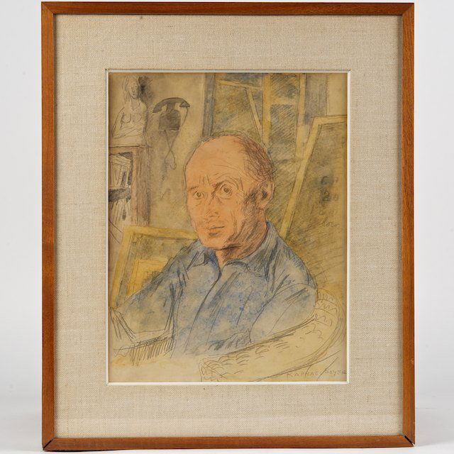 Raphael Soyer (1899-1987, American), painting: Raphael Soyer (1899-1987, American), painting: Self portrait in studio, watercolor and pencil on paper, signed "Raphael Soyer", lower right, 13" x 10" (sight), framed under glass - Condition Report: a