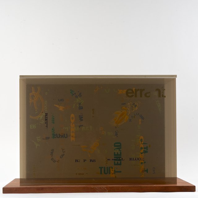 John Cage (1912-1992, American), plexigrams: John Cage (1912-1992, American), plexigrams : "Not Wanting to Say Anything About Marcel", 1969, collaboration with Calvin Sumsion, (8) acrylic panels with screenprint, walnut base and acrylic top, rem