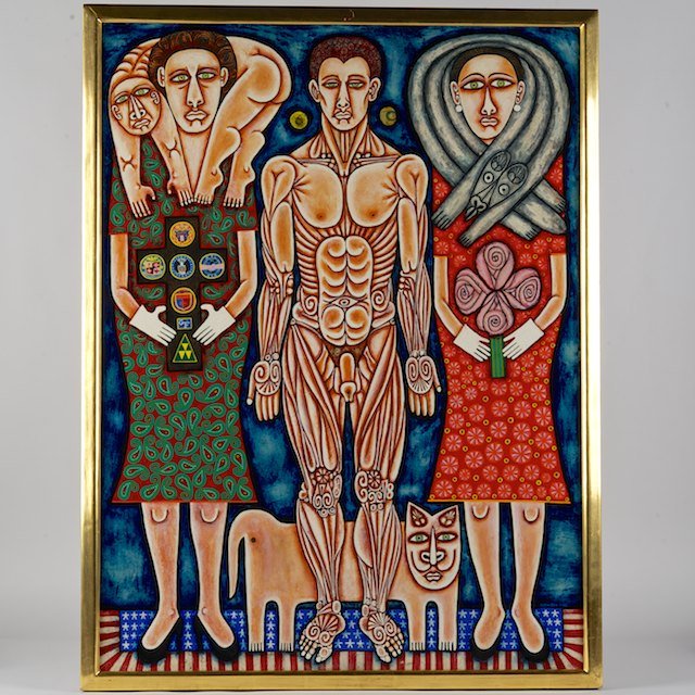 Rex Martin Clawson (1929-2007, American), paintin: Rex Martin Clawson (1929-2007, American), painting: "Wife Mistress & Household Pet", oil on board, signed and dated "Clawson 66", lower right, 39.5" x 29.5" (sight), framed - Condition Report: overall