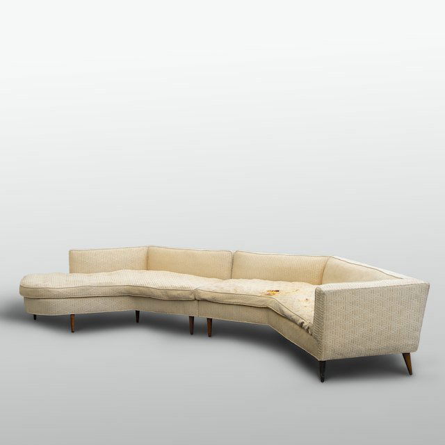 M. Singer & Sons sofa attrib. to Gio Ponti: M. Singer & Sons sofa attrib. to Gio Ponti: Circa 1957, sectional 107, with original manufacturer's labels, 27"h x 63"l x 82"l x 50"l x 29"d - Condition Report: overall fair, general distress and goug