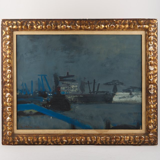 Avni Arbas (1919-2003, Turkish), painting: Avni Arbas (1919-2003, Turkish), painting: Harbor scene, oil or gouache/tempera on paper/board, signed and dated "Avni Arbas - 1972", lower left, 19" x 25.25" (sight), framed under glass - Condition R