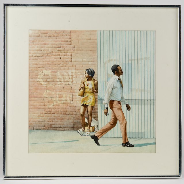 Arne Besser (b. 1935, American), painting: Arne Besser (b. 1935, American), painting: City street with figures, watercolor on paper, signed "A. Besser", lower right, 15" x 15.5" (sight), matted and framed - Condition Report: appears overall go