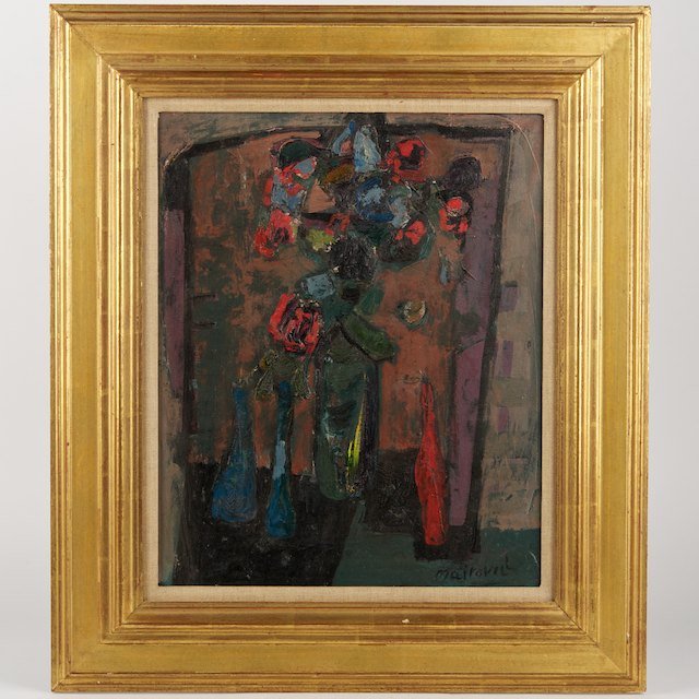 Zvi Mairovich (1911-1973, Israeli), painting: Zvi Mairovich (1911-1973, Israeli), painting: Still life, oil on canvas, signed "Mairovich", lower left, inscribed verso, 18" x 14.75" (sight), framed - Condition Report: overall good and original, no