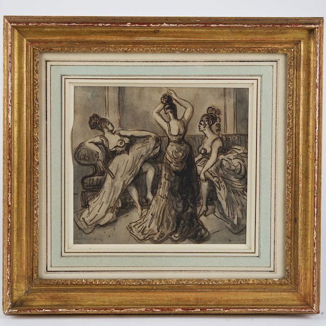 Constantin Guys (1802-1892, French), ink drawing: Constantin Guys (1802-1892, French), ink drawing: Three courtesans, pen and ink wash on paper, apparently unsigned, 7.5" x 8.5" (sight), matted and framed - Condition Report: overall fair/good, fold l
