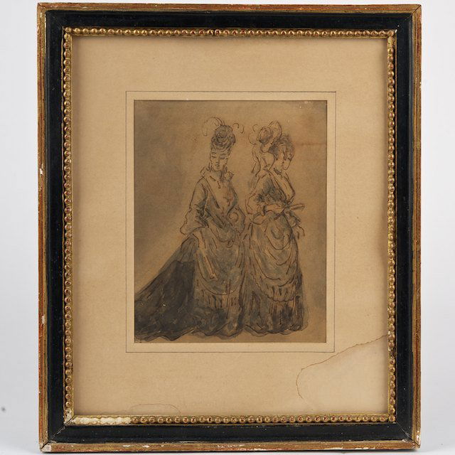 Constantin Guys (1802-1892, French), ink drawing: Constantin Guys (1802-1892, French), ink drawing: Two women, pen and blue wash on paper, apparently unsigned, 7.5" x 6" (sight), matted and framed - Condition Report: overall fair, staining, not exami